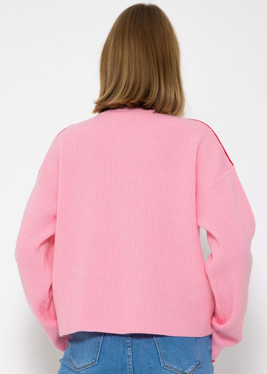 Knitted jumper with coloured accents - pink-red