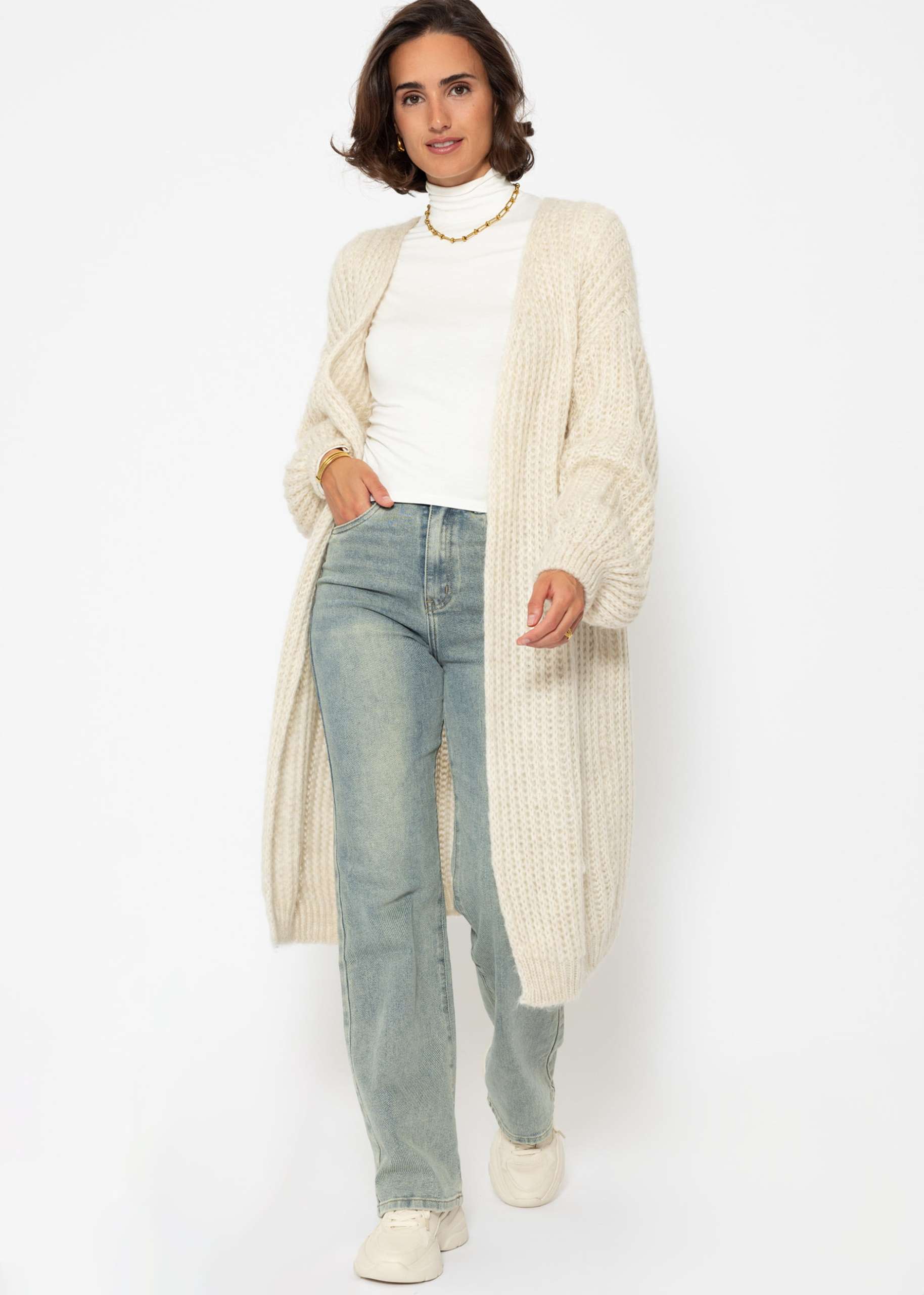 Ribbed long cardigan with balloon sleeves - beige