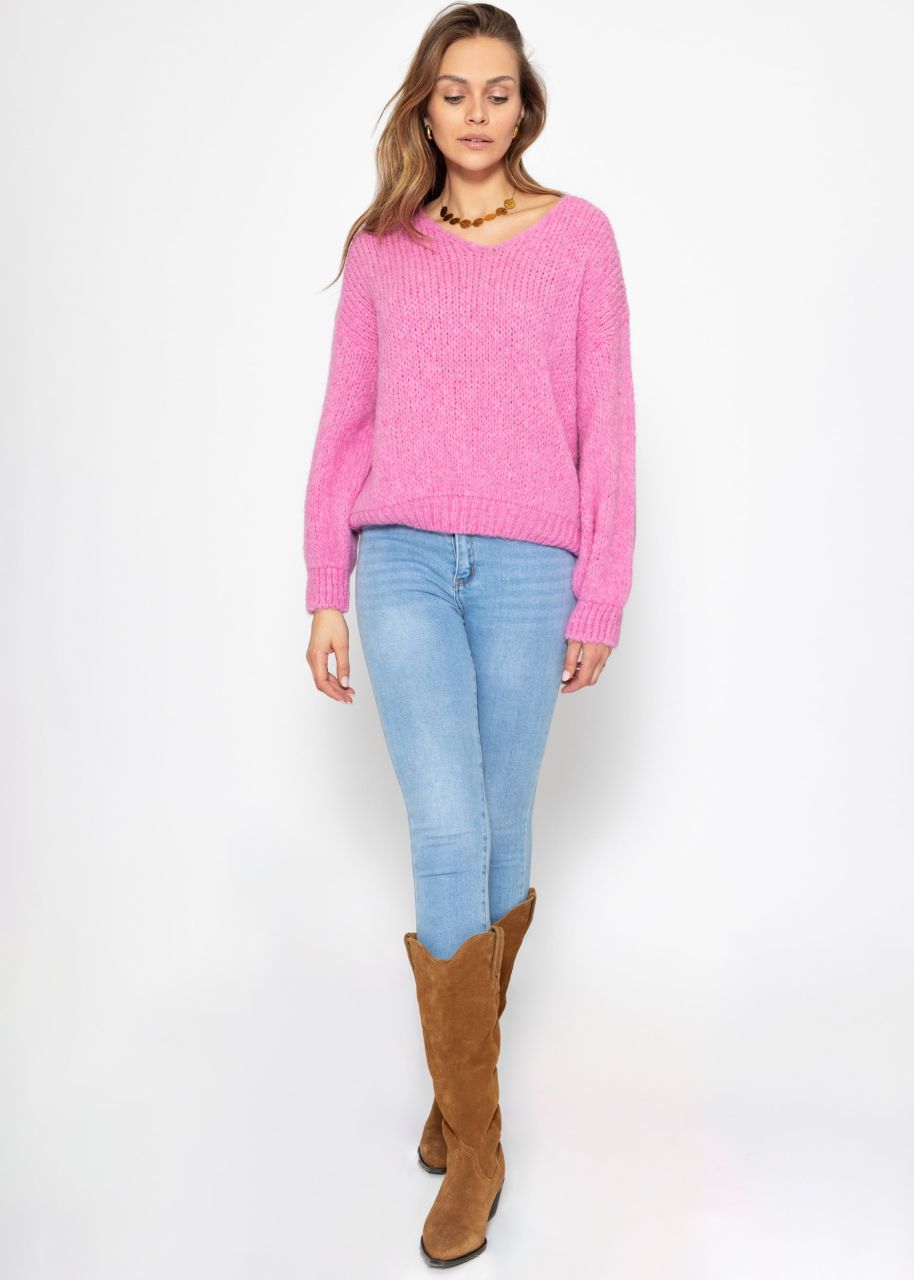 Oversized sweater with V-neck - candy pink