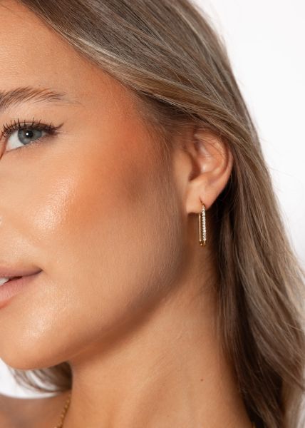 Classic squared hoop earrings with sparkling stones - gold