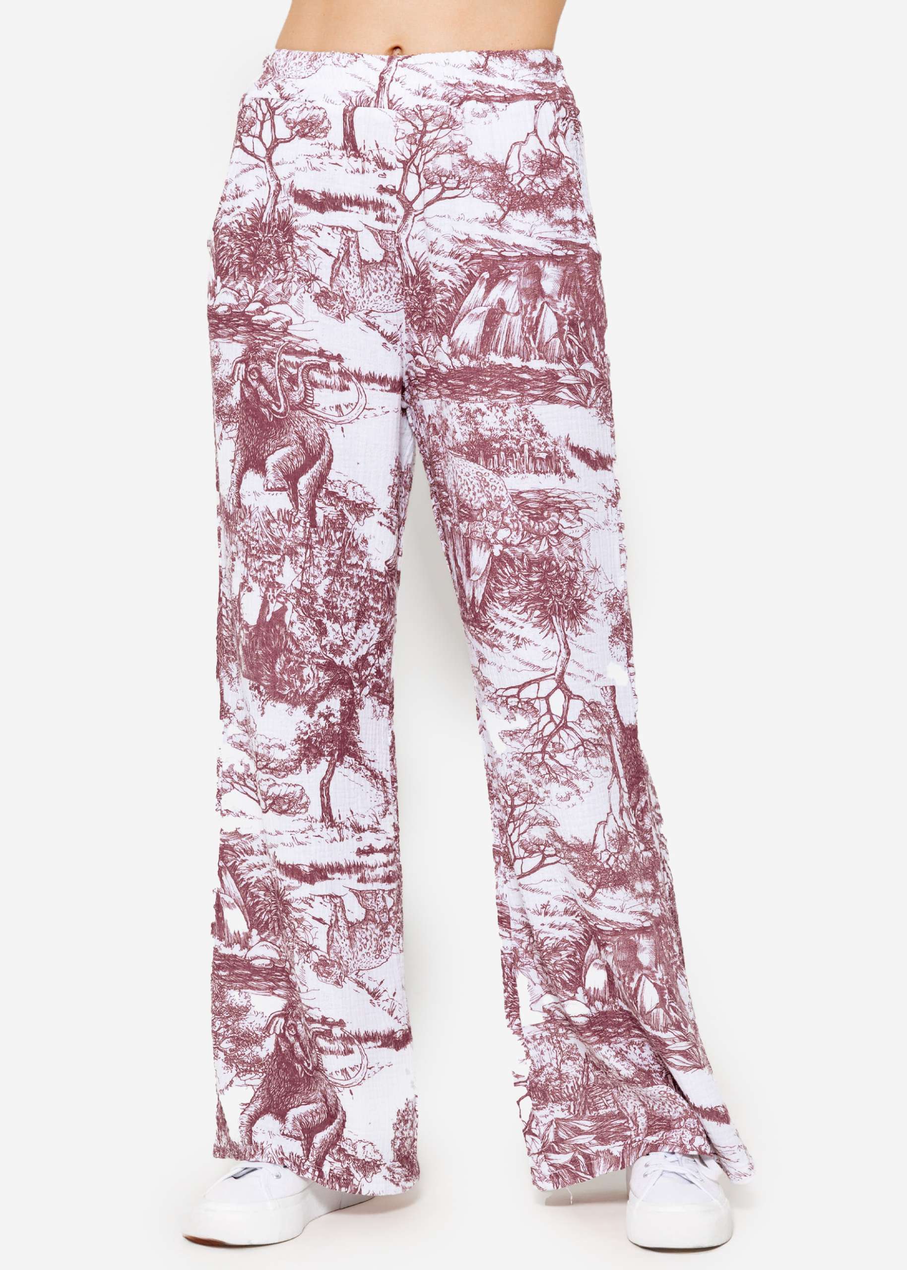 Muslin pants with wide leg and print - wine red