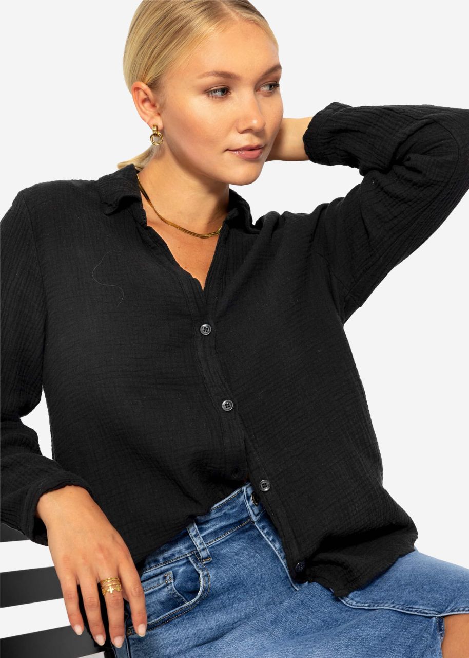 Muslin blouse with V-neck - black