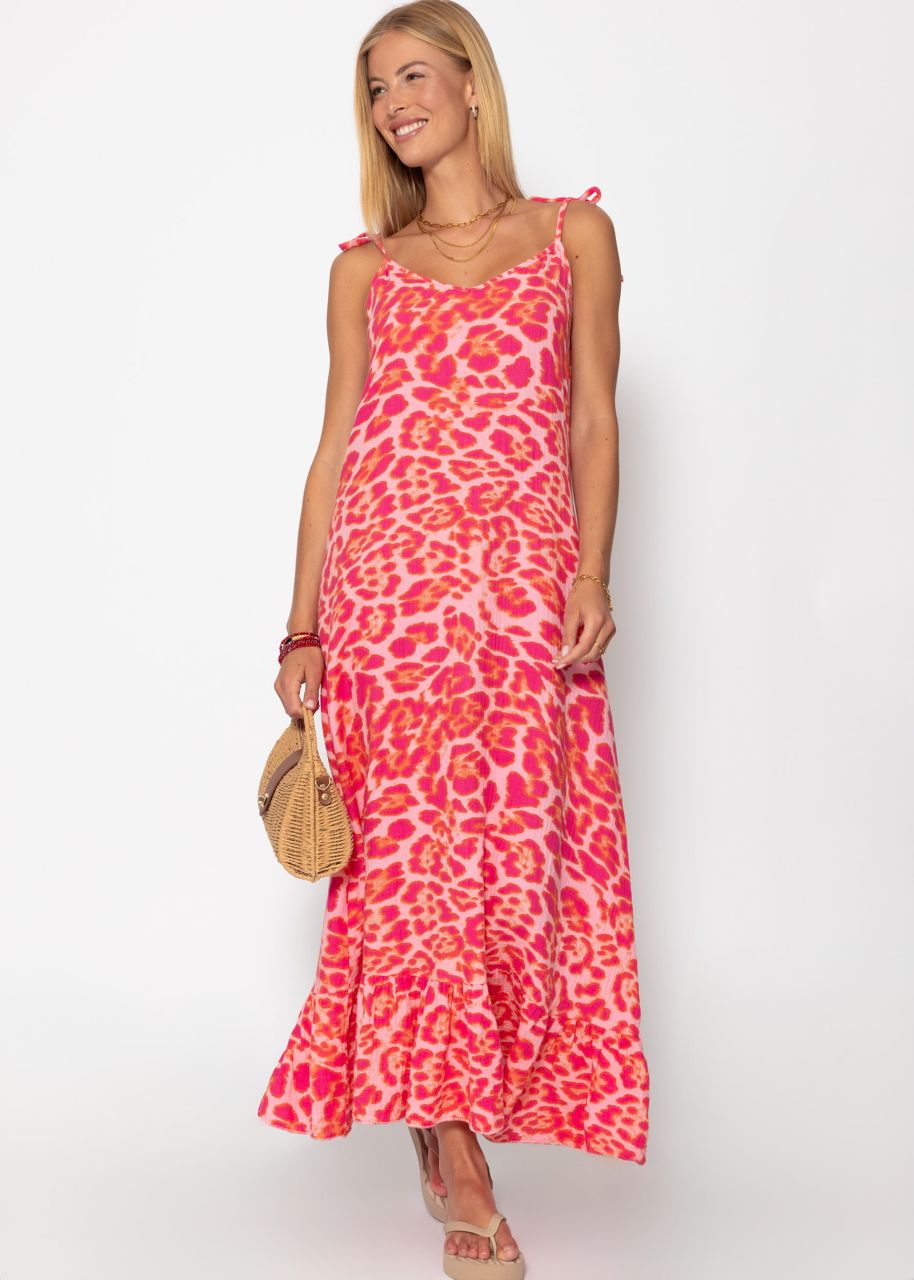 Muslin maxi dress with leo print - pink