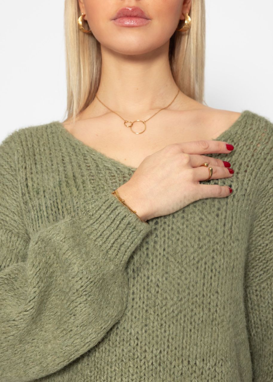 Oversized jumper with V-neck - khaki