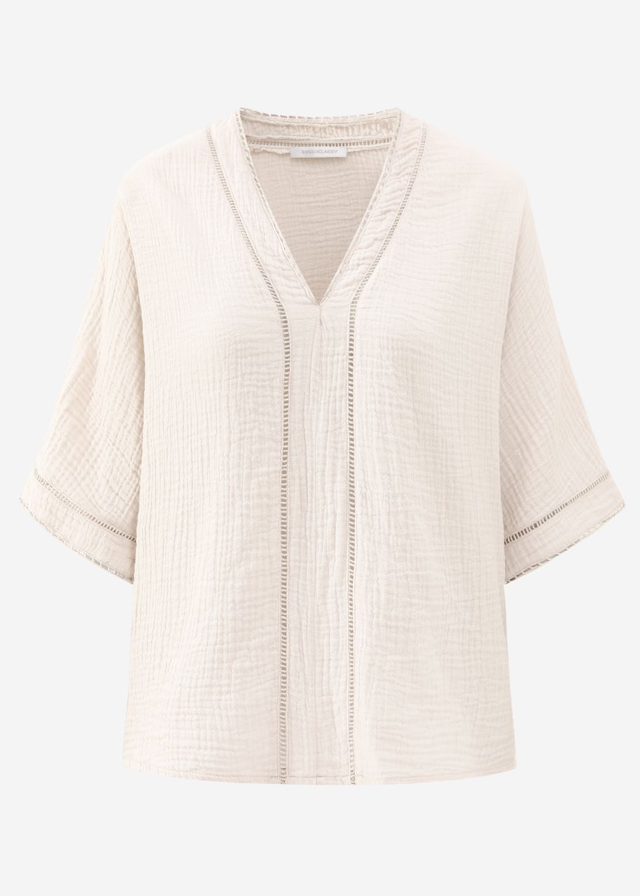 Muslin blouse with lace insert - light beige