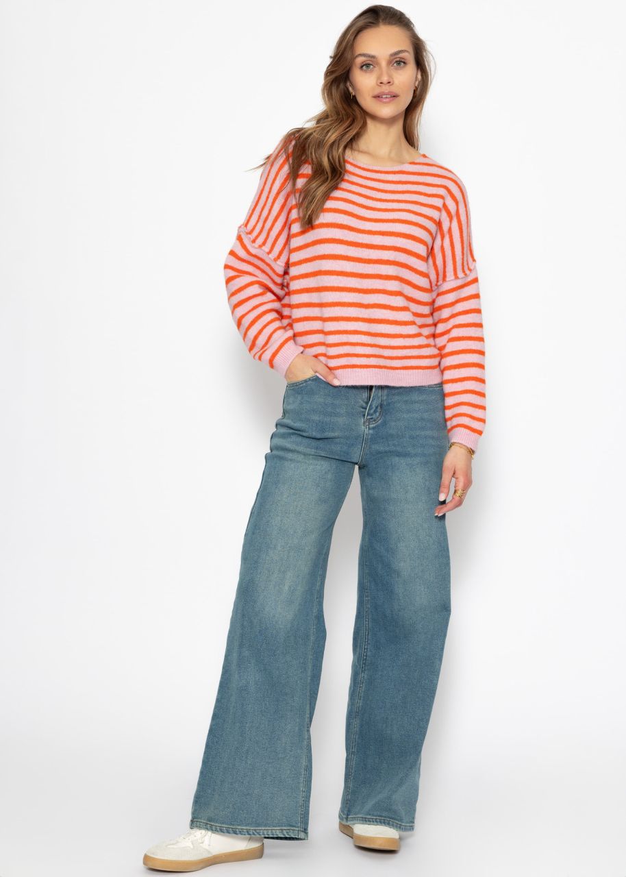 Striped oversized sweater with back seam - pink-orange