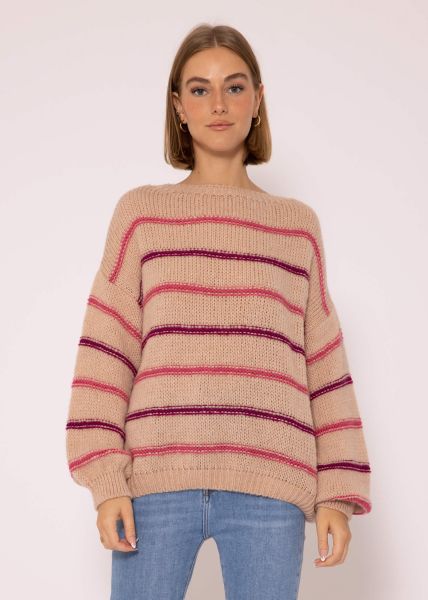 Knitted jumper with coloured stripes - nude-mauve-purple