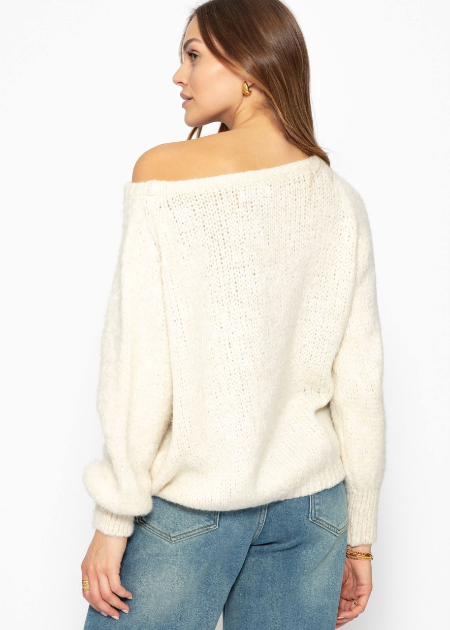 Fluffy sweater with boat neckline - offwhite