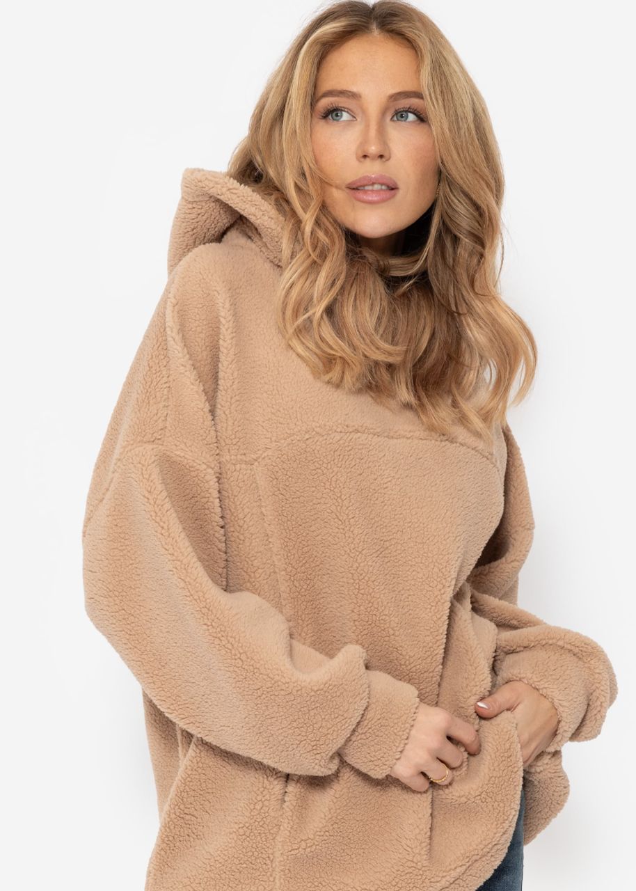 Oversized teddy sweatshirt with hood - beige