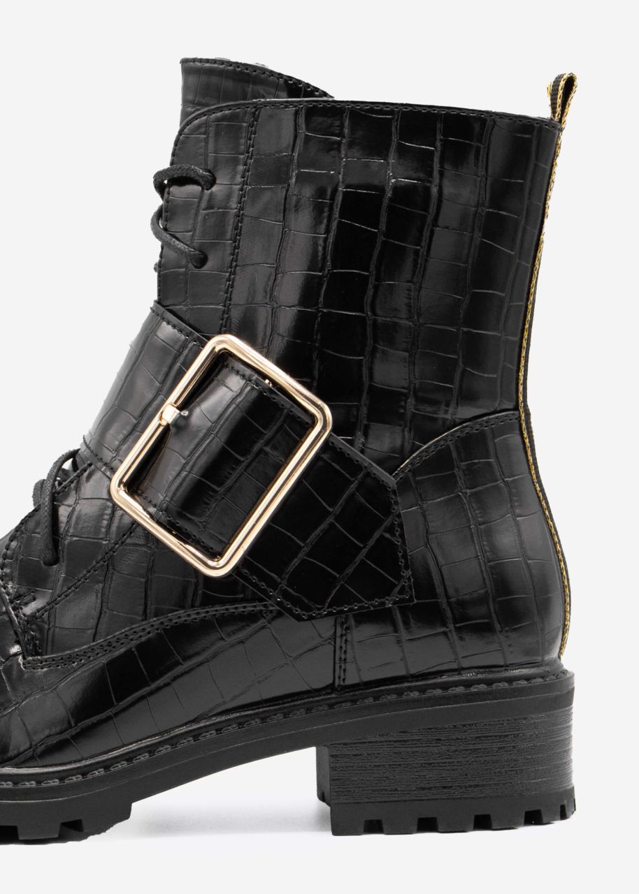 Croco lace-up boots with gold buckle, black