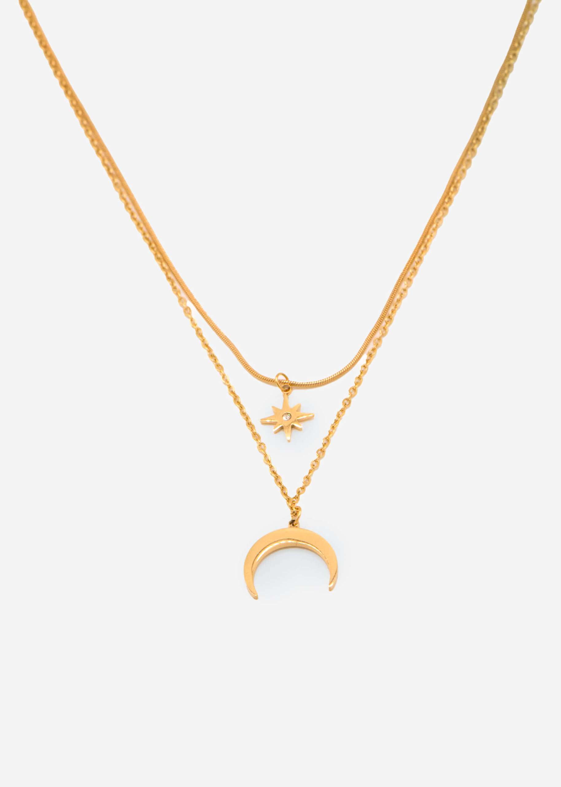 Layer necklace with star and half moon pendant - gold