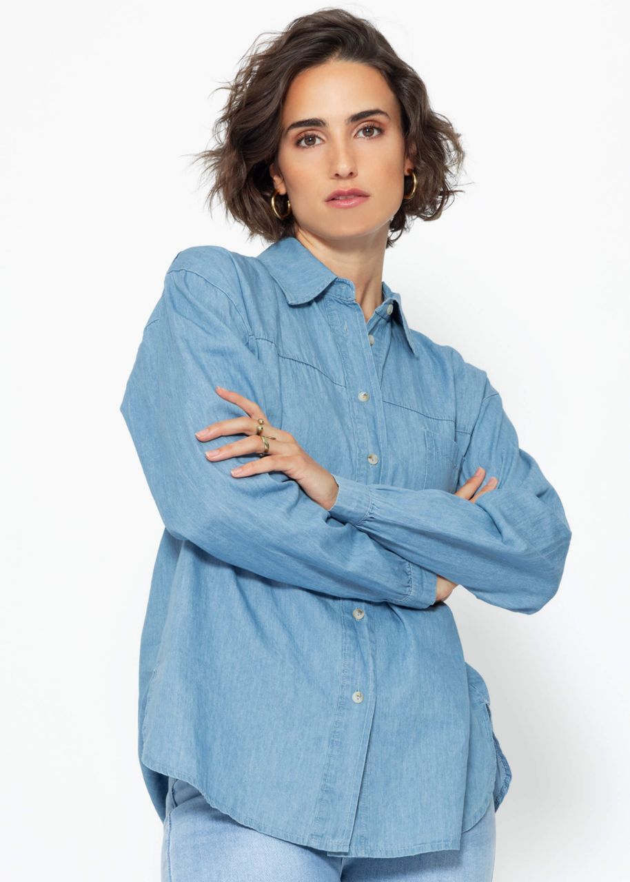 Casual denim shirt blouse with breast pocket - blue