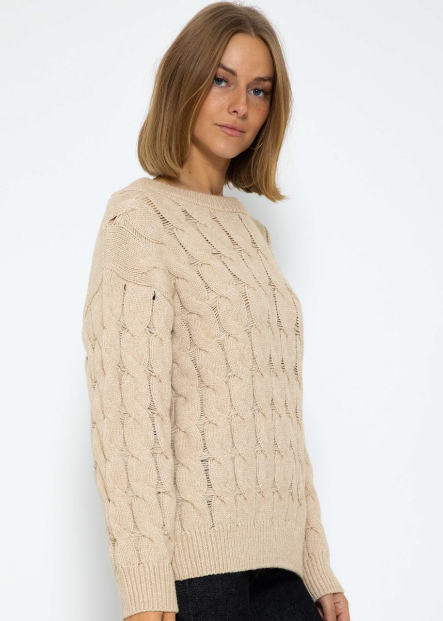 Knitted jumper with cable stitch - beige