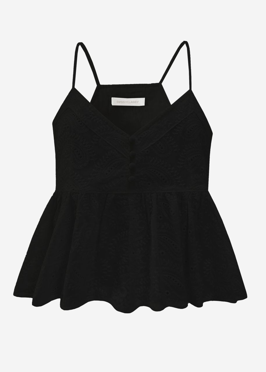 Top with flounce and eyelet embroidery - black