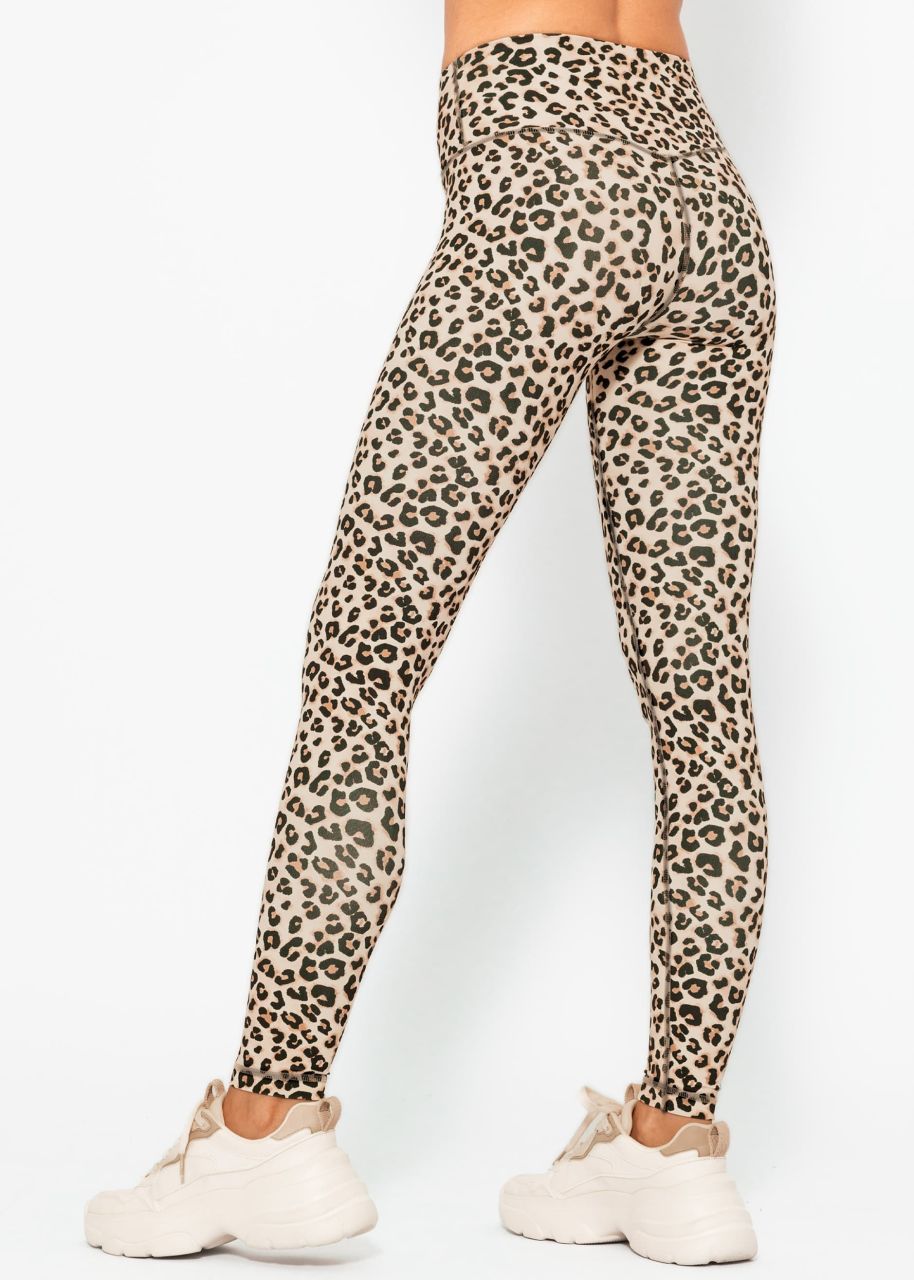 High waist sports leggings with leo print - beige