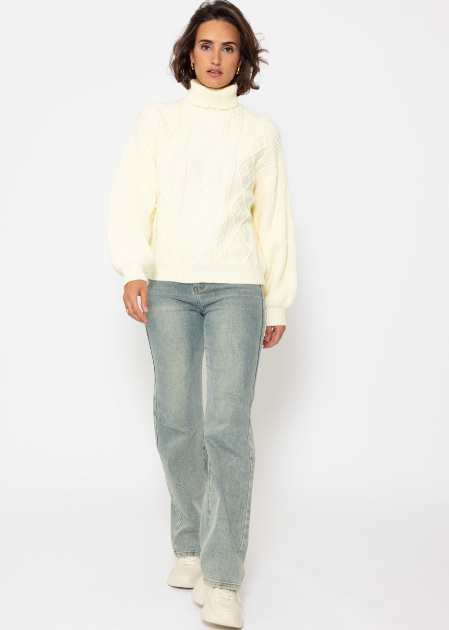 Turtleneck jumper with cable knit pattern - vanilla yellow