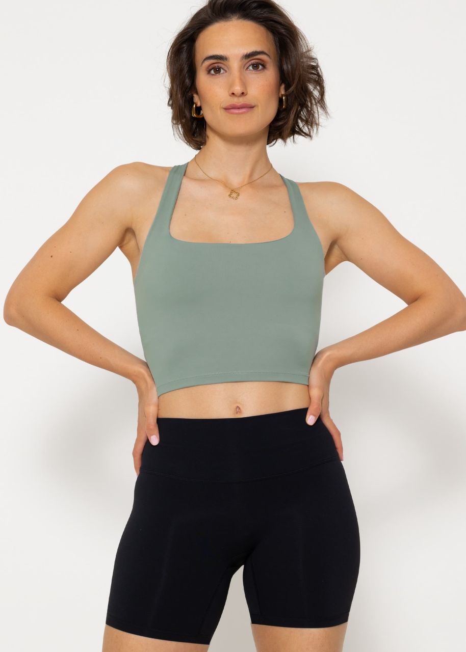 Sports bra with crossed, wide straps - khaki