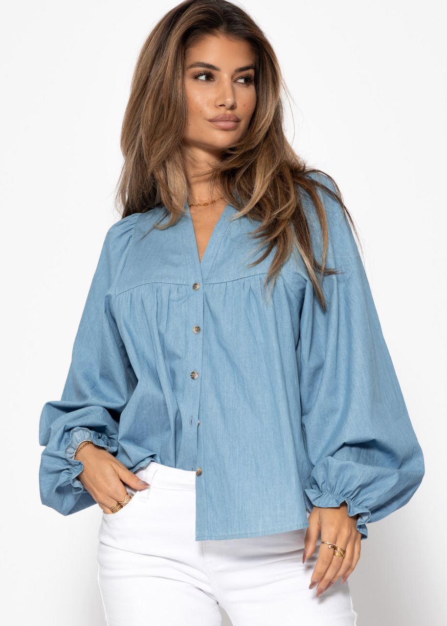 Denim blouse with V-neck - blue