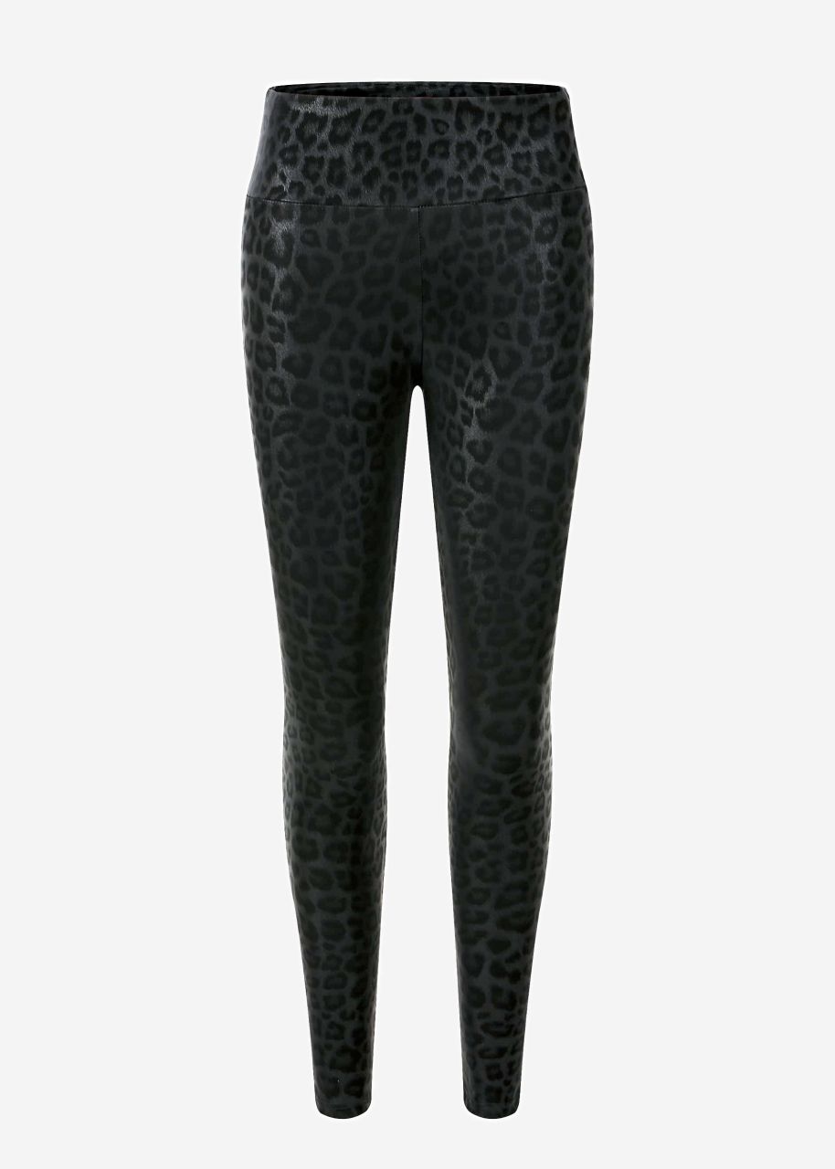 Thermo faux leather leggings with leo print - black