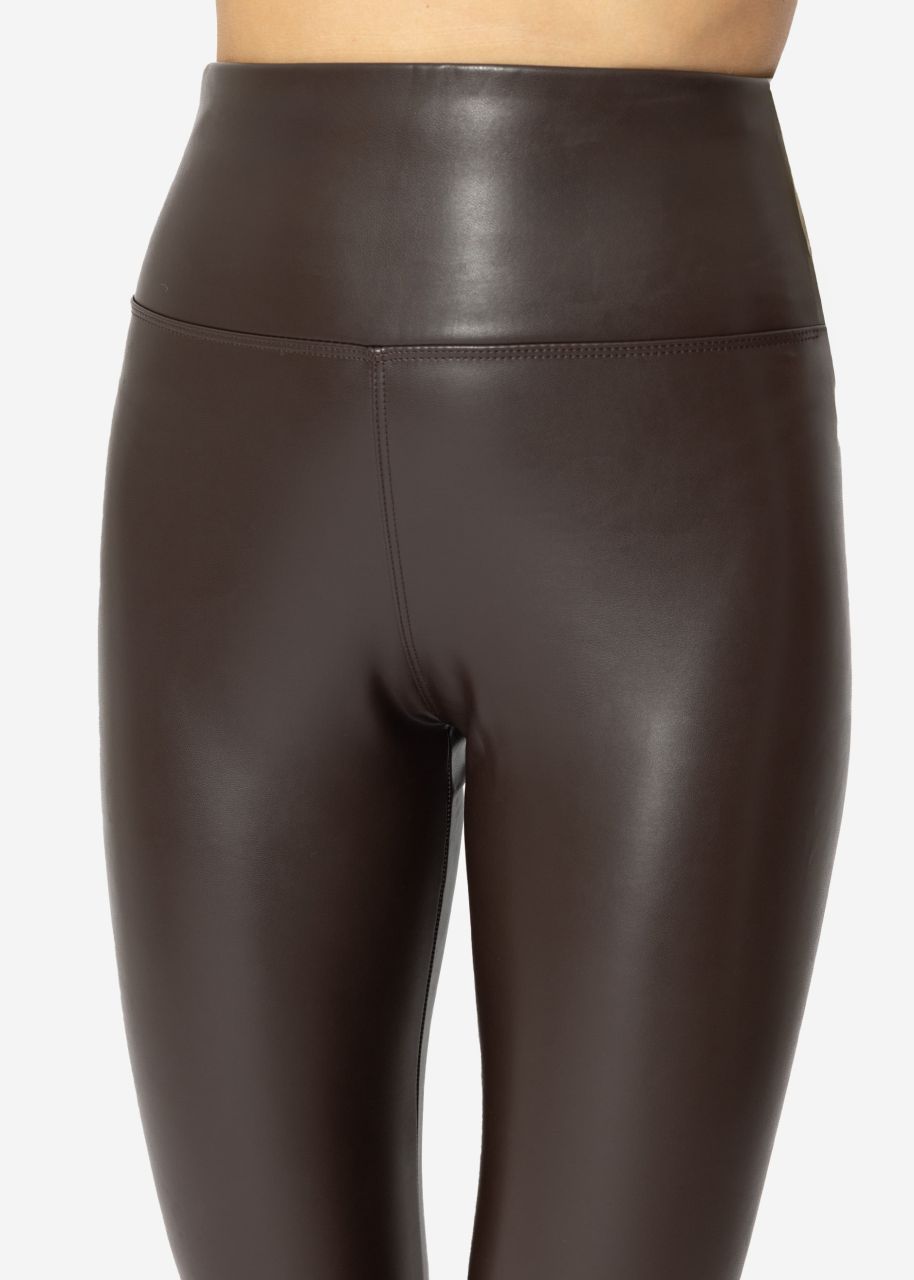 High-rise thermal leather leggings with wide waistband - dark brown