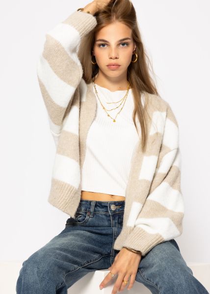 Oversize cardigan with block stripes - beige-offwhite