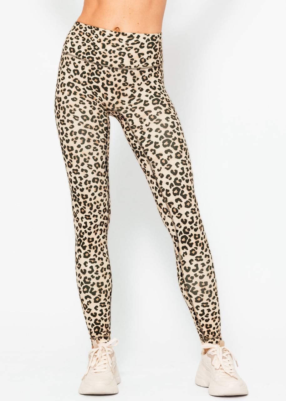 High waist sports leggings with leo print - beige