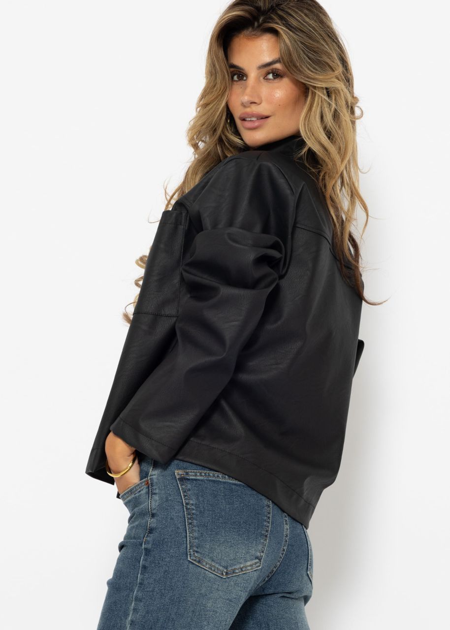 Faux leather blouse shirt with breast pockets - black