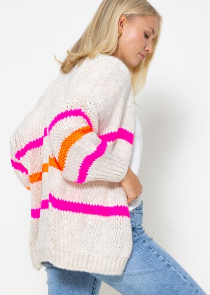 Oversize cardigan with pink and orange stripes, offwhite