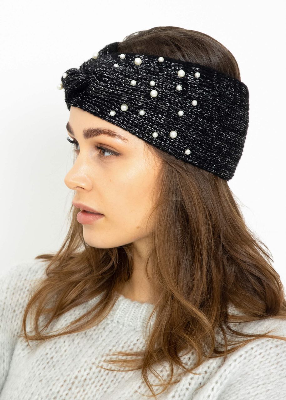 Knitted headband with pearls and lurex - black