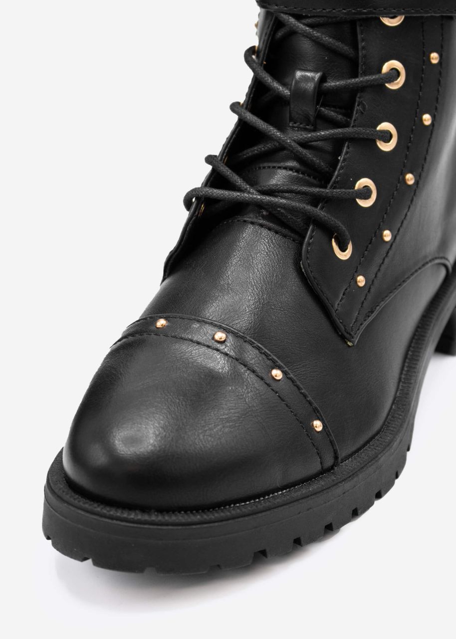 Lace up boots with gold details, black