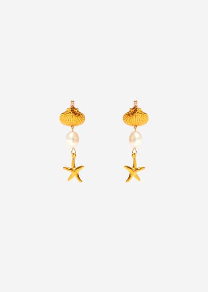 Stud earrings with shell and starfish - gold