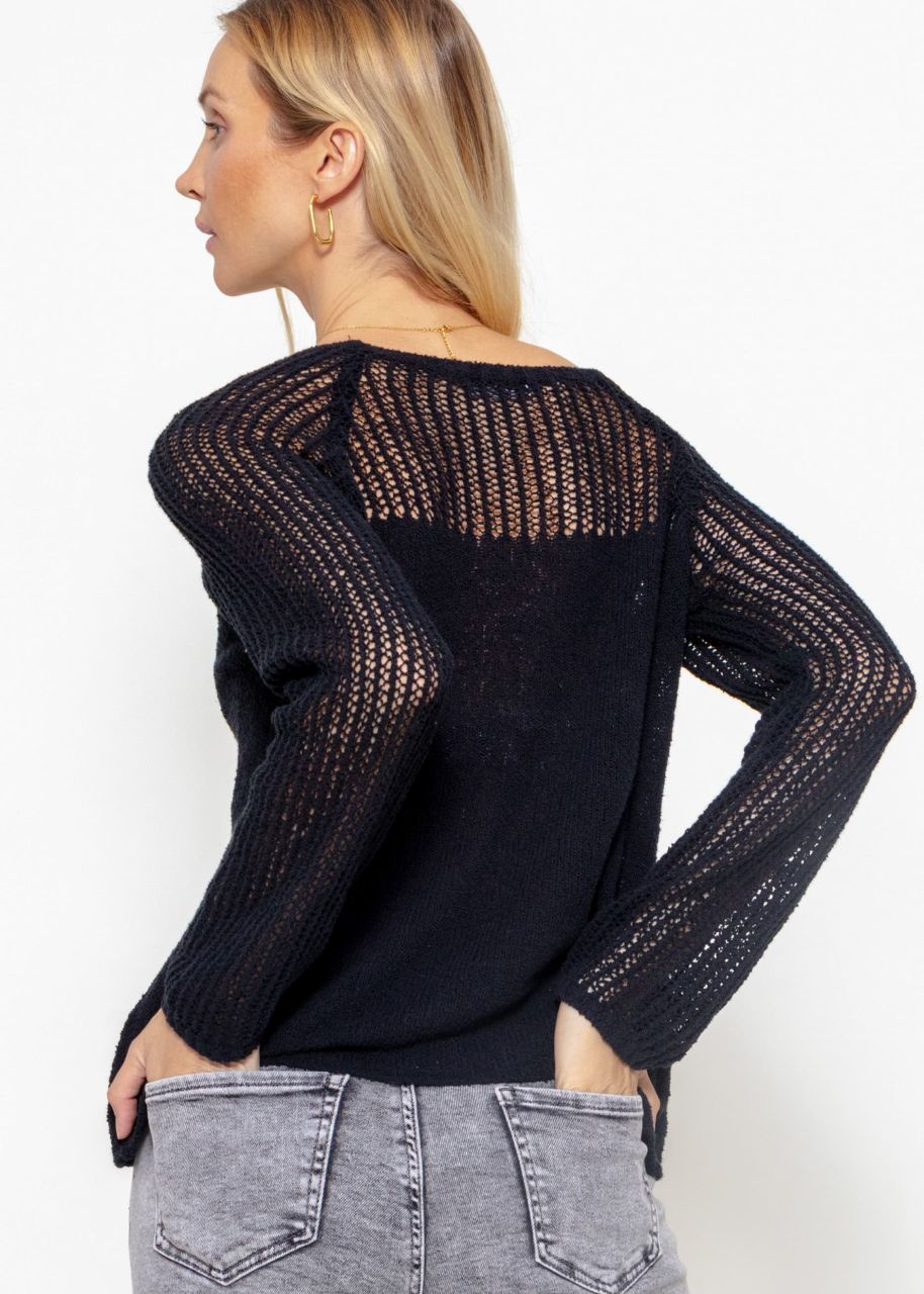 Jumper with mesh structure on sleeves and neckline - black
