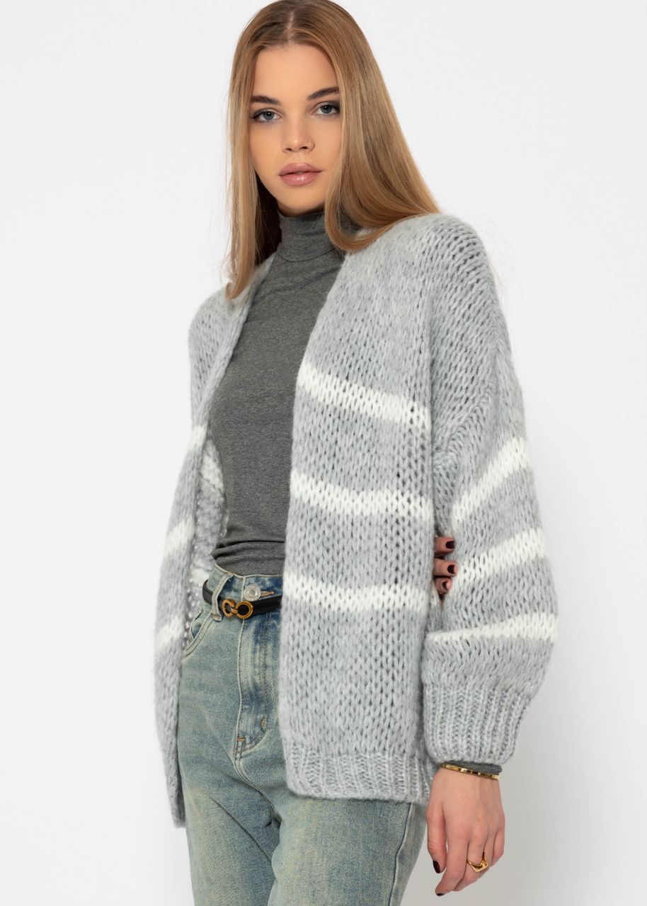 Oversize cardigan with white stripes, light grey