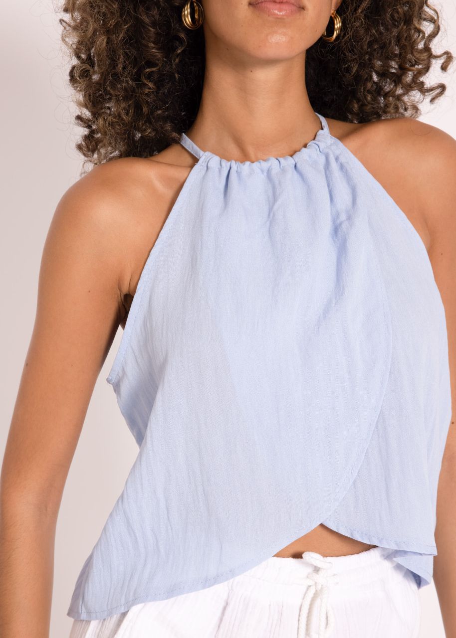 Shimmering off shoulder viscose top, light blue