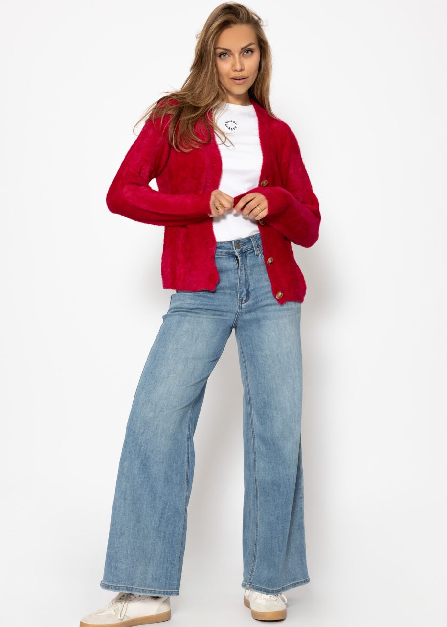 Fluffy cardigan with buttons - berry