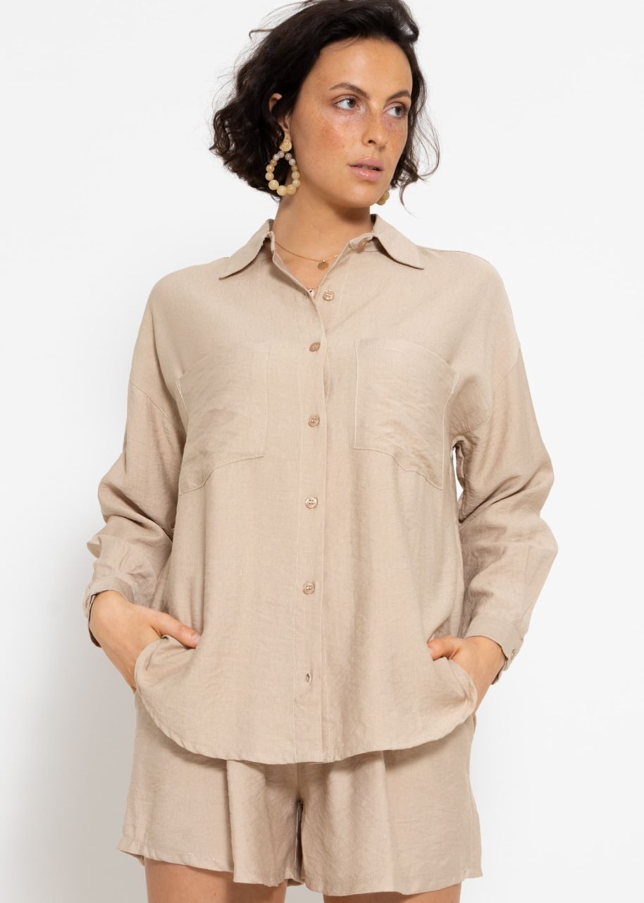 Oversize viscose blouse with patch pockets - beige