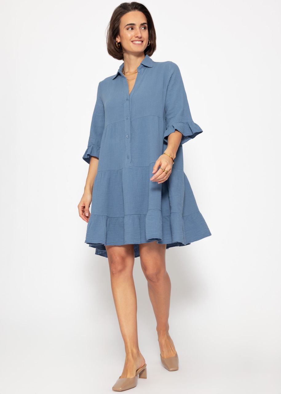 Muslin dress with flounces - denim blue