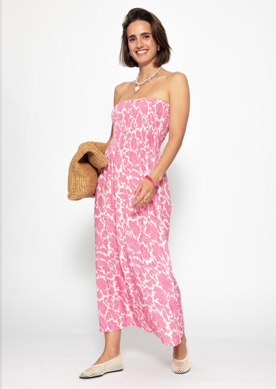 Smocked bandeau dress with print - pink