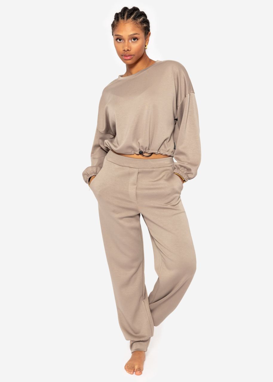 Soft crop sweatshirt with balloon sleeves - taupe