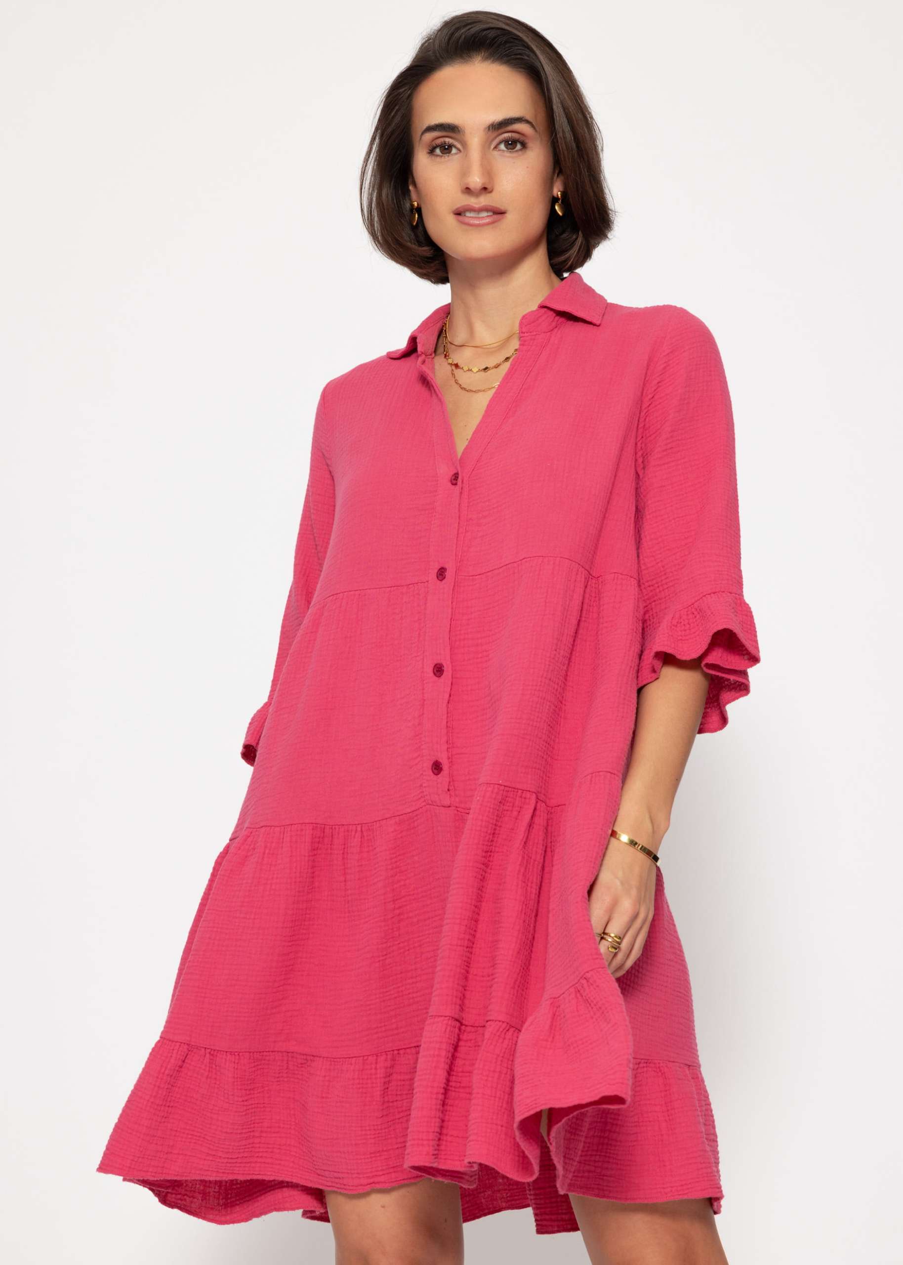 Muslin dress with flounces - pink