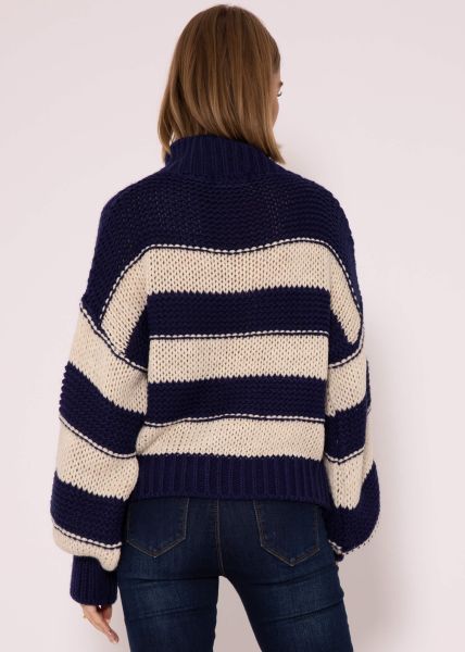 Turtleneck jumper with stripes - dark blue-beige