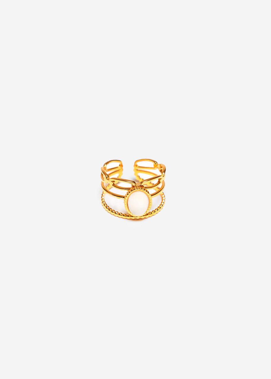 Three-piece ring with whie gemstone - gold