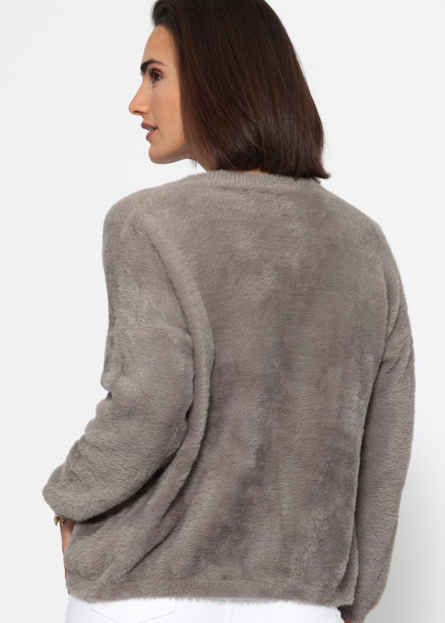 Fluffy cardigan with buttons - taupe