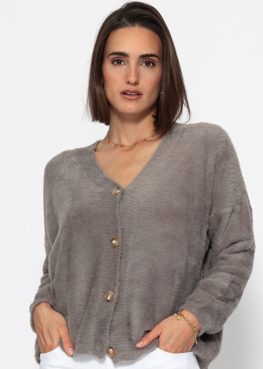 Fluffy cardigan with buttons - taupe