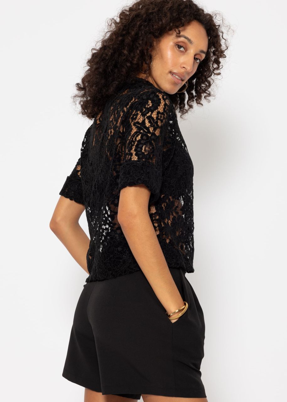 Lace shirt with velvet effect - black