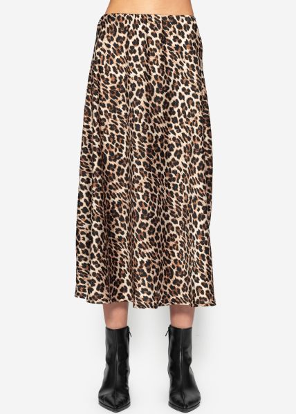 Satin skirt with leo print, brown