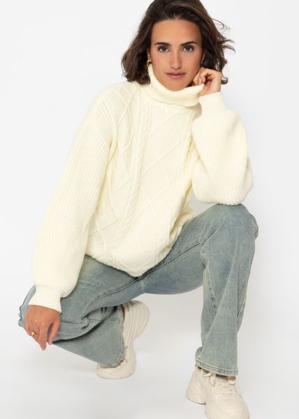 Turtleneck jumper with cable knit pattern - vanilla yellow