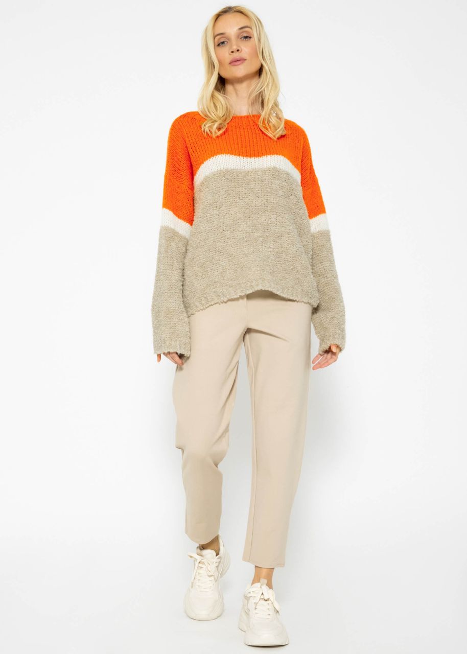 Fluffy jumper with stripe design - orange-offwhite-beige