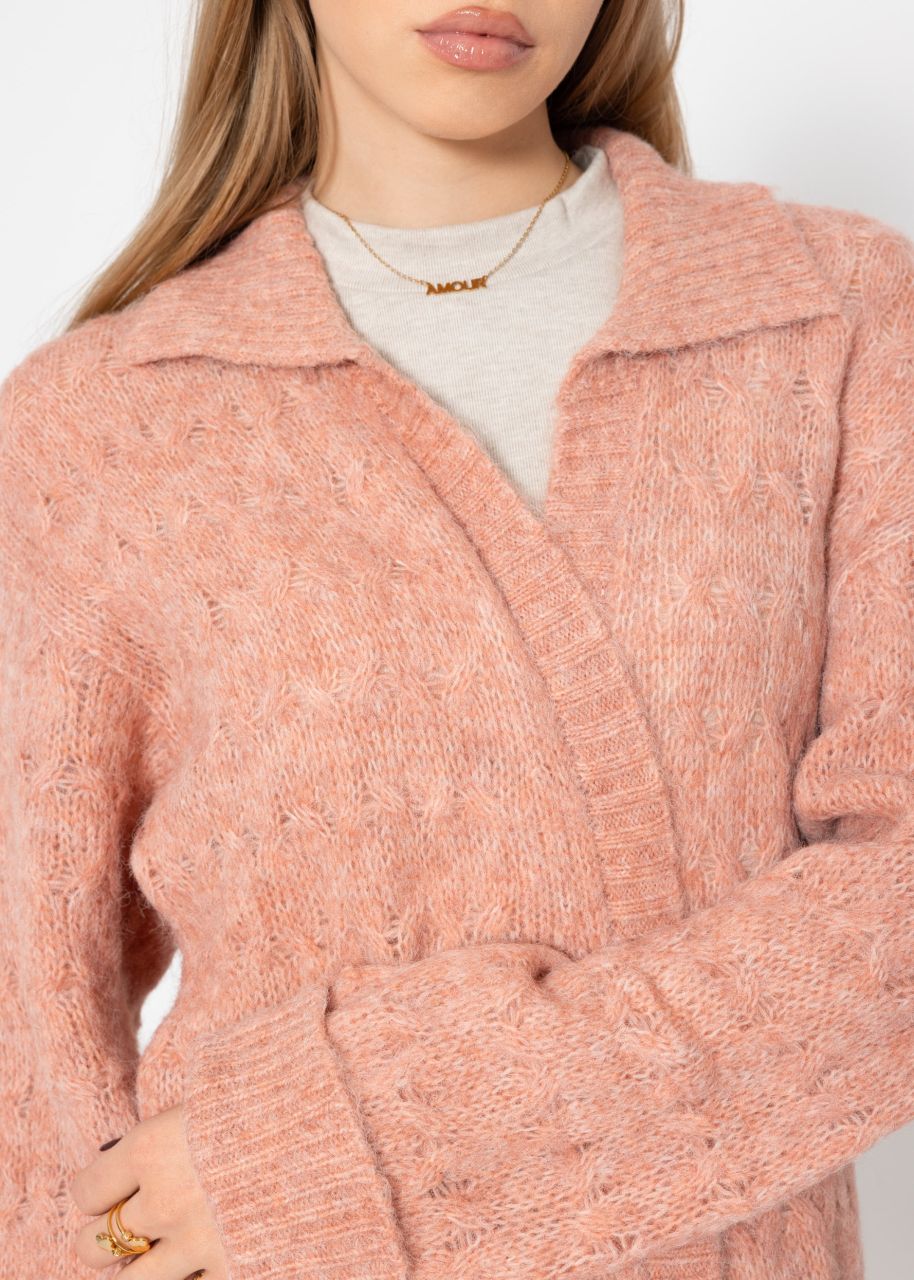 Fluffy cable-knit cardigan with collar - dusky pink