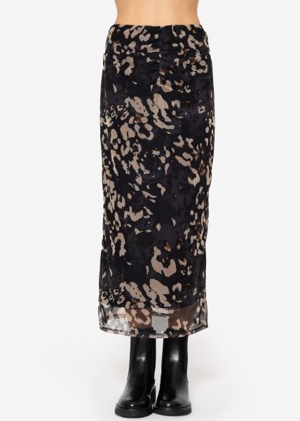 Long mesh skirt with leopard print - black-beige